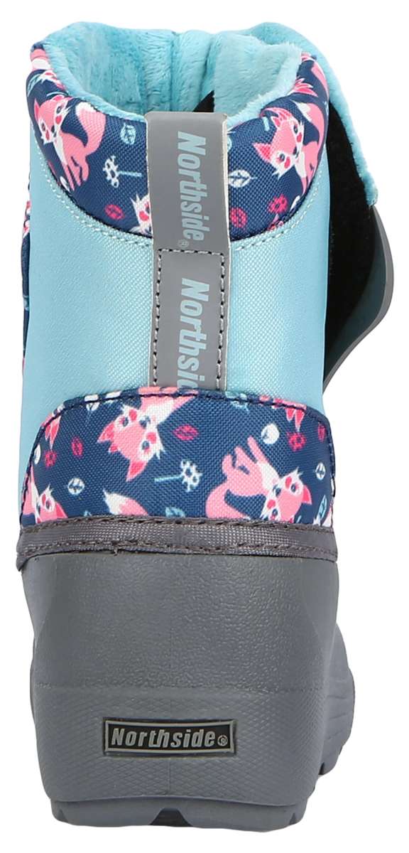 Northside Toddler Flurrie Insulated Boot 2024 - A light blue boot with a pink fox pattern on the upper portion, featuring a gray sole and heel.