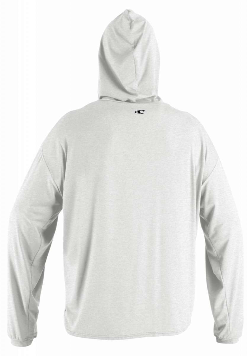 O'Neill Hybrid Long Sleeve Sun Hoodie 2022-2023 - A light gray hoodie with a hood and long sleeves, featuring a small black logo on the upper back.
