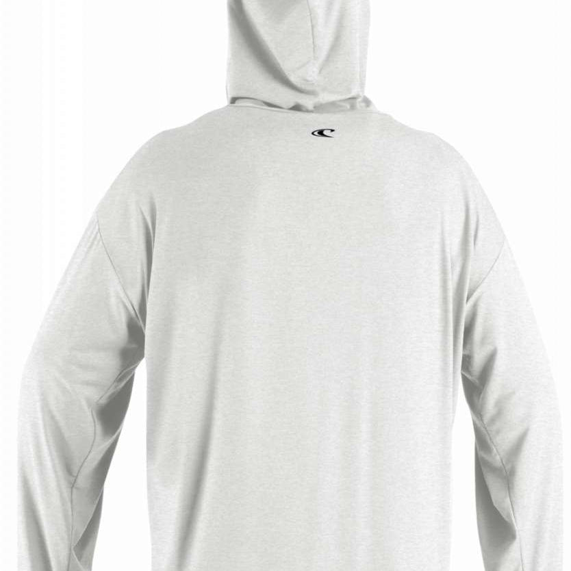 O'Neill Hybrid Long Sleeve Sun Hoodie 2022-2023 - A light gray hoodie with a hood and long sleeves, featuring a small black logo on the upper back.