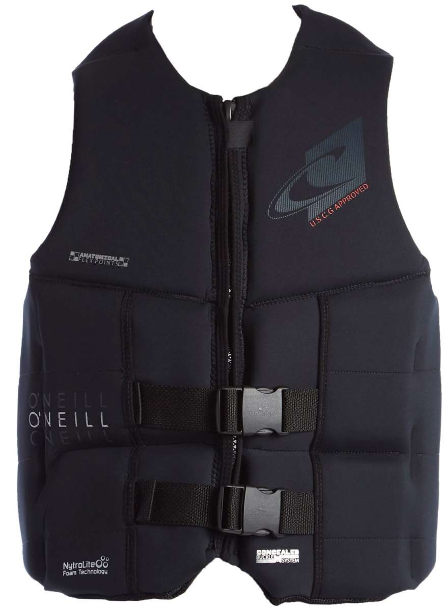 O'Neill Assault LS CGA Wakeboard Vest 2022 - Black life jacket with white logo on chest and back.