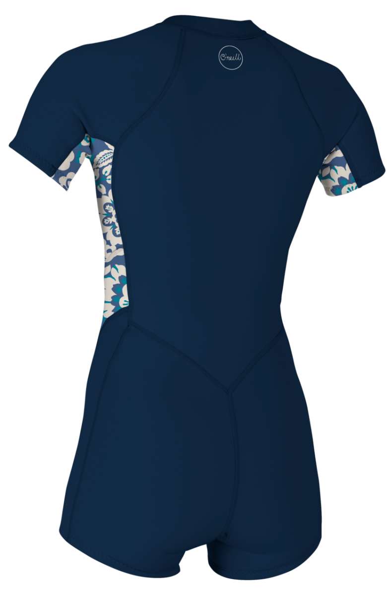 O'Neill Ladies Bahia 2/1 Full Zip Short Sleeve Wet Suit 2022-2023 - A navy blue wetsuit with a white and teal floral pattern on the sides.