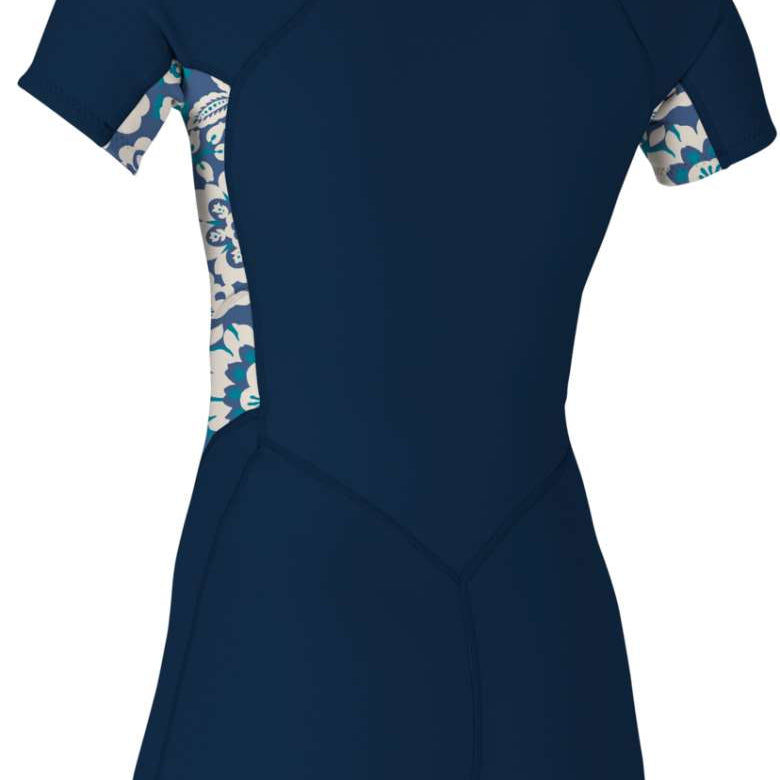 O'Neill Ladies Bahia 2/1 Full Zip Short Sleeve Wet Suit 2022-2023 - A navy blue wetsuit with a white and teal floral pattern on the sides.