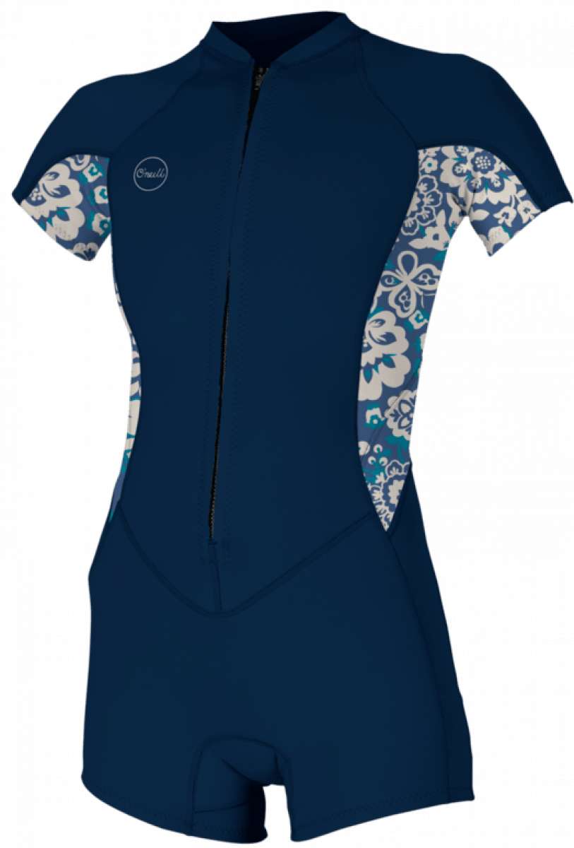 O'Neill Ladies Bahia 2/1 Full Zip Short Sleeve Wet Suit 2022-2023 - A navy blue wetsuit with a floral pattern on the arms and torso.