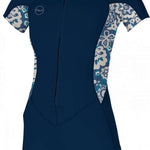 O'Neill Ladies Bahia 2/1 Full Zip Short Sleeve Wet Suit 2022-2023 - A navy blue wetsuit with a floral pattern on the arms and torso.