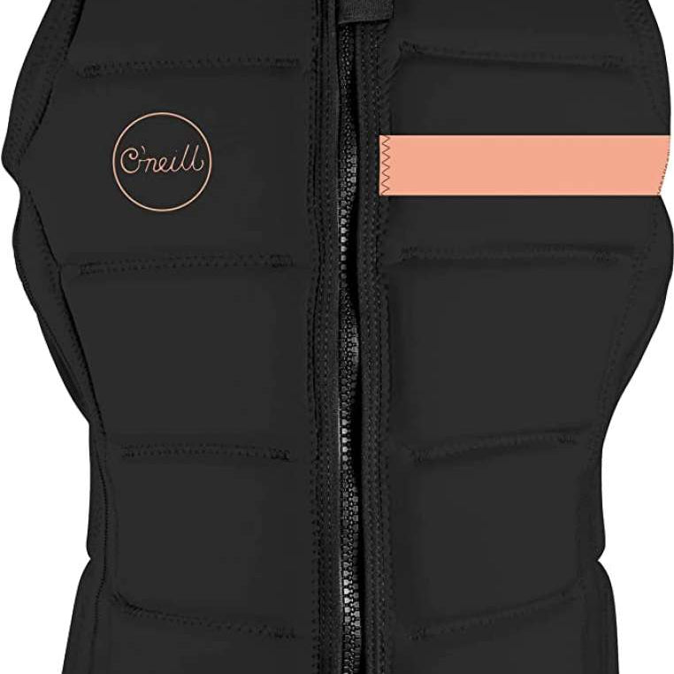 O'Neill Ladies Bahia Impact Vest 2023 - A black impact vest with a rose gold logo on the left side and a rose gold stripe across the right shoulder.