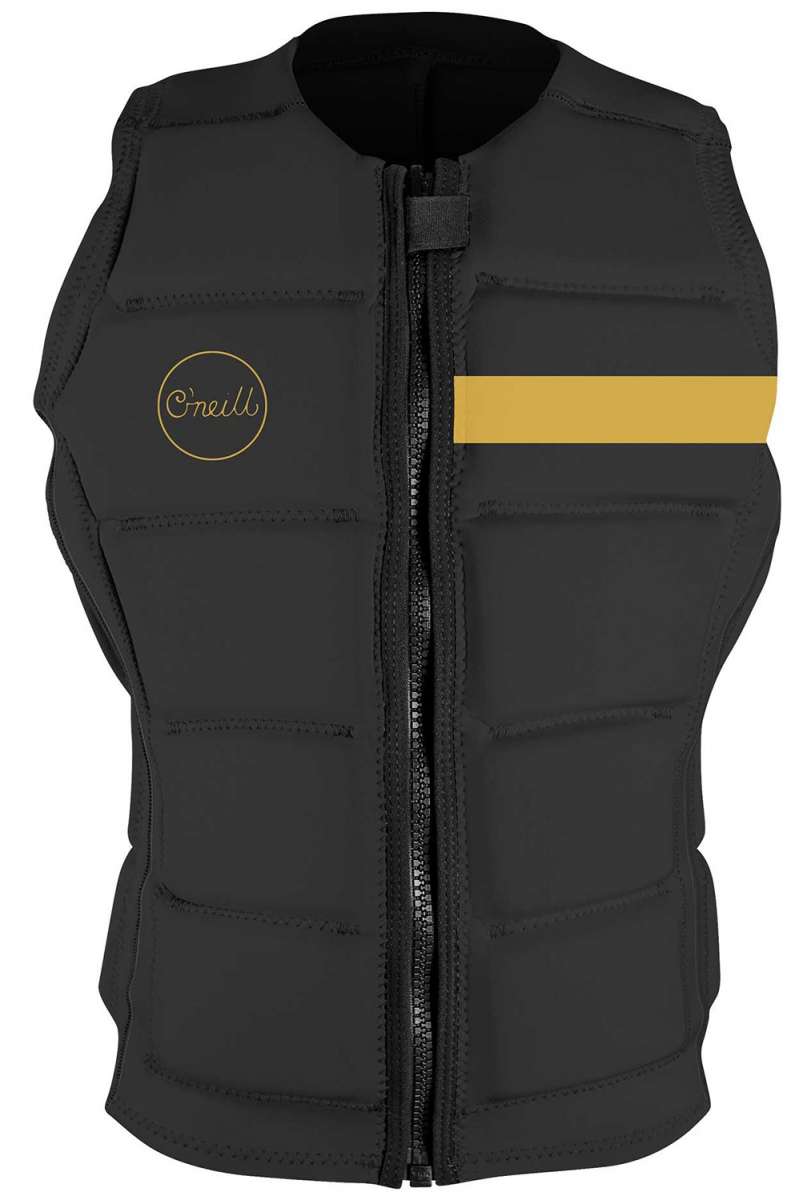 O'Neill Ladies Bahia Impact Vest 2022 - A black impact vest with a yellow stripe on the right side and an "O'Neill" logo in cursive script within a circle on the left chest area.