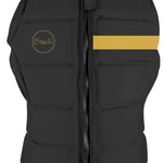 O'Neill Ladies Bahia Impact Vest 2022 - A black impact vest with a yellow stripe on the right side and an "O'Neill" logo in cursive script within a circle on the left chest area.