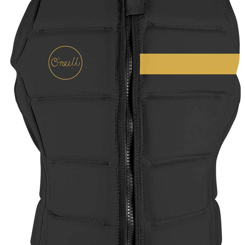 O'Neill Ladies Bahia Impact Vest 2022 - A black impact vest with a yellow stripe on the right side and an "O'Neill" logo in cursive script within a circle on the left chest area.