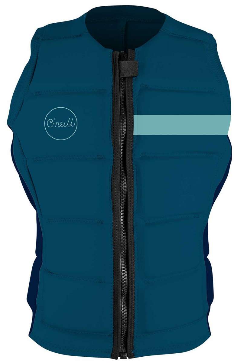 O'Neill Ladies Bahia Impact Vest 2022 - A dark teal impact vest with a white logo on the left chest and a light blue stripe across the right shoulder.