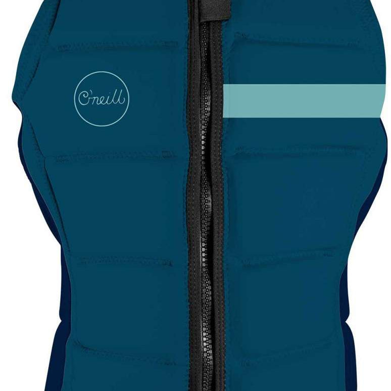 O'Neill Ladies Bahia Impact Vest 2022 - A dark teal impact vest with a white logo on the left chest and a light blue stripe across the right shoulder.