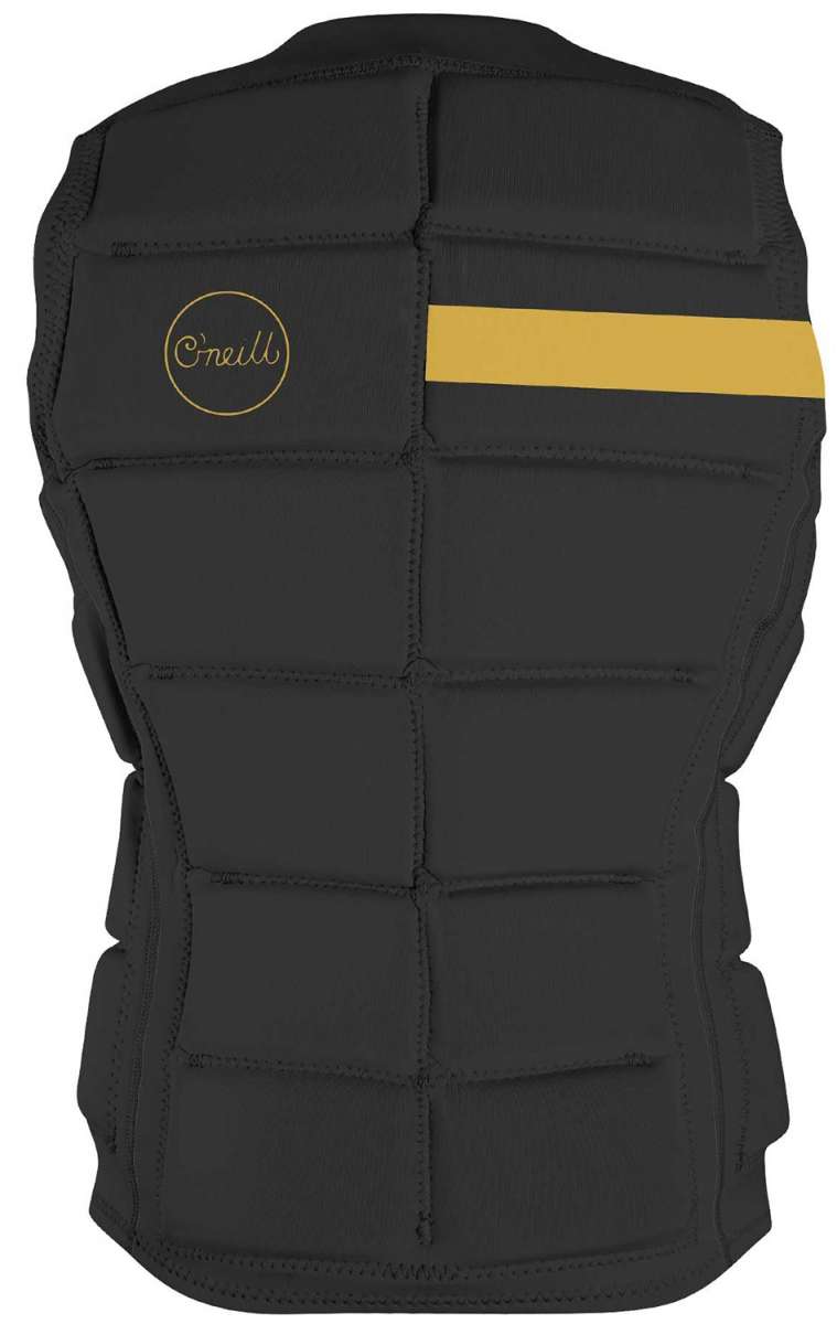 O'Neill Ladies Bahia Impact Vest 2022 - A black impact vest with a yellow logo on the upper left side and a yellow stripe across the back.