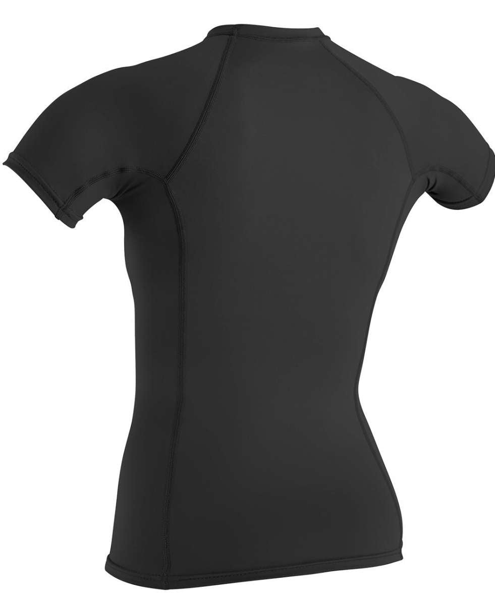 O'Neill Ladies Basic Short Sleeve Rashguard 2023 - A black rash guard with a crew neck and short sleeves.