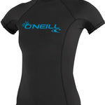 O'Neill Ladies Basic Short Sleeve Rashguard 2023 - A black rash guard with a blue logo on the chest.