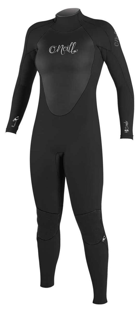 O'Neill - Ladies Epic 4/3 Ladies Full Wetsuit 2022 is a black wetsuit with white lettering on chest and arms.