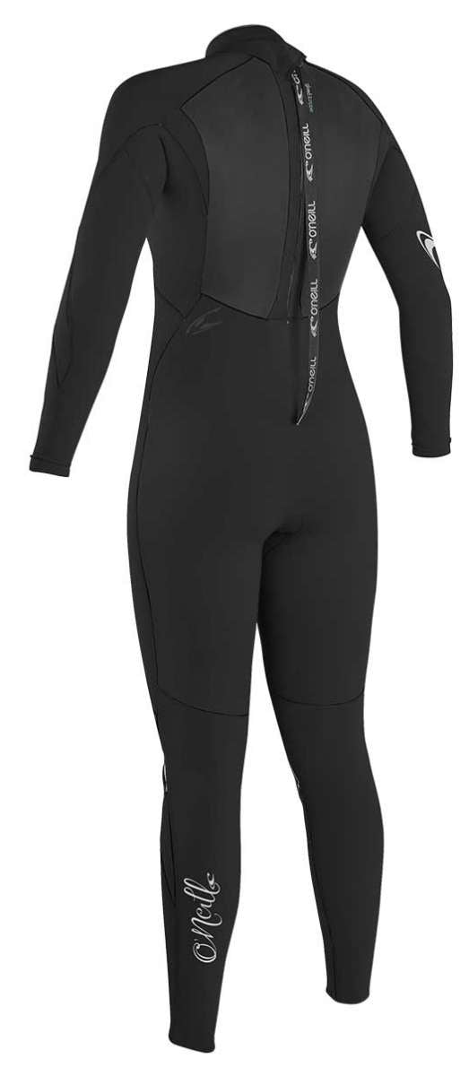 O'Neill - Ladies Epic 4/3 Ladies Full Wetsuit 2022 is a black wetsuit with white lettering and logos.