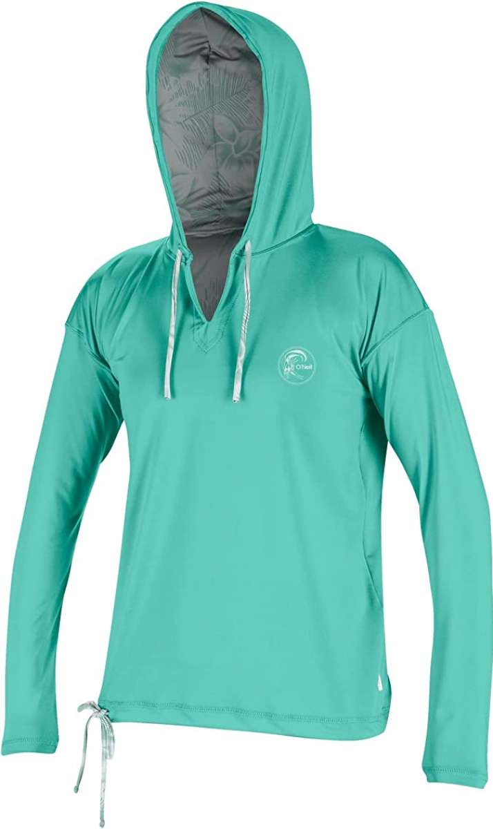 O'Neill Ladies Side Print Long Sleeve Hoodie 2022-2023 - A mint green hoodie with a palm tree and wave design on the left side of the chest.
