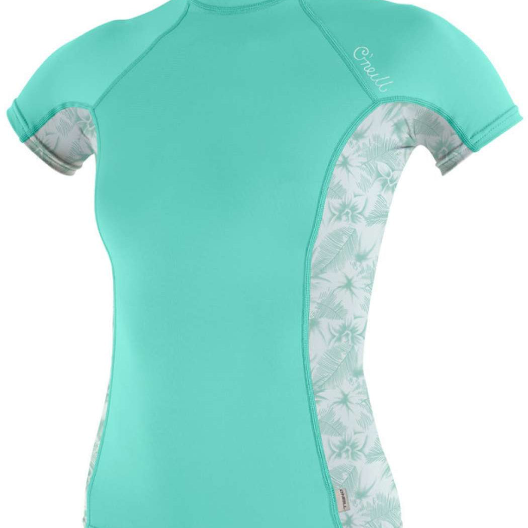 O'Neill Ladies Side Print Short Sleeve 2023 - A short-sleeved rash guard with a side print design in shades of blue and white.