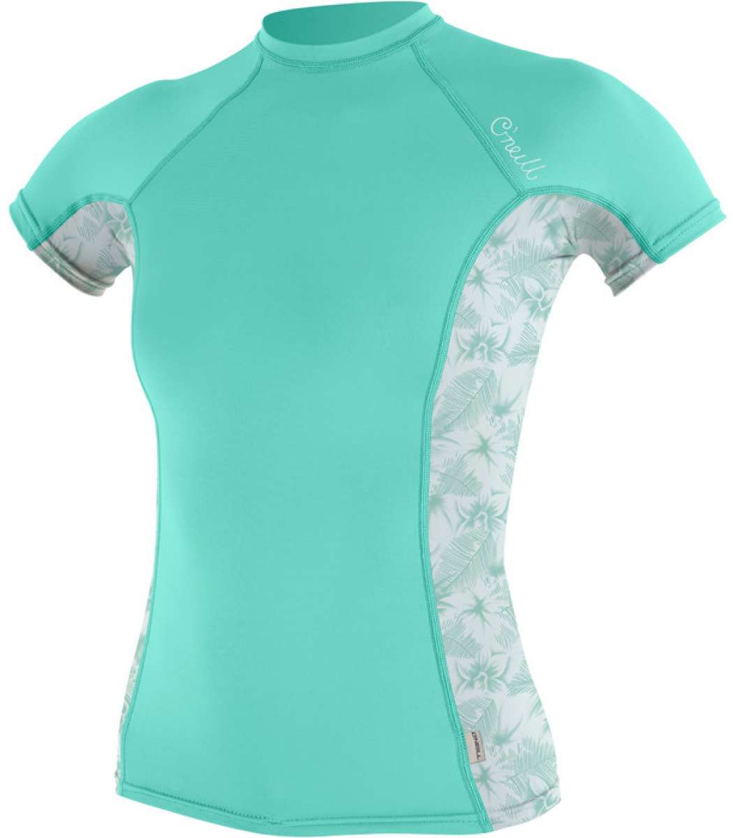 O'Neill Ladies Side Print Short Sleeve 2023 - A short-sleeved rash guard with a side print design in shades of blue and white.