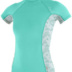 O'Neill Ladies Side Print Short Sleeve 2023 - A short-sleeved rash guard with a side print design in shades of blue and white.