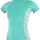 O'Neill Ladies Side Print Short Sleeve 2023 - A short-sleeved rash guard with a side print design in shades of blue and white.