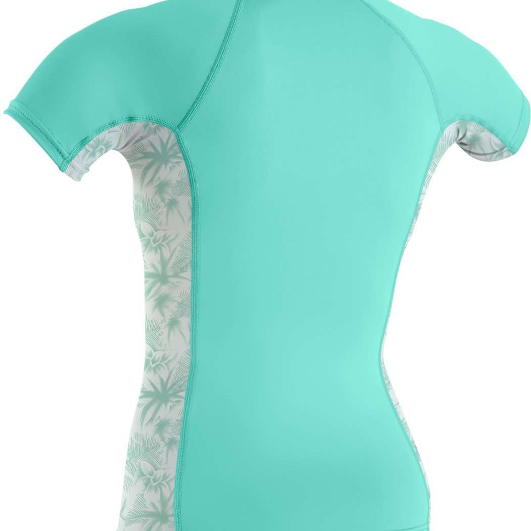 O'Neill Ladies Side Print Short Sleeve - A short-sleeved rash guard with a palm tree print on the side of the torso.