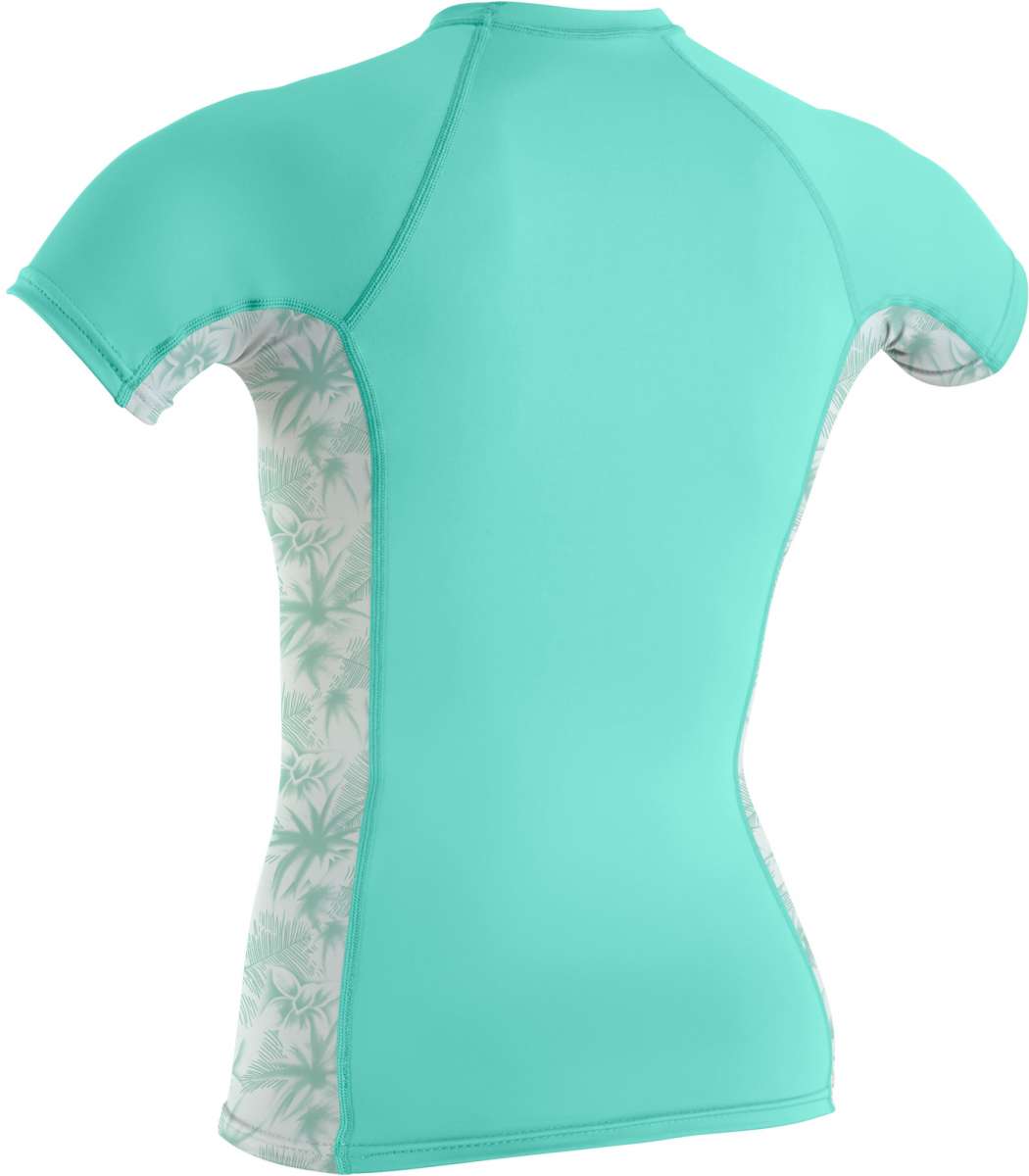 O'Neill Ladies Side Print Short Sleeve - A short-sleeved rash guard with a palm tree print on the side of the torso.