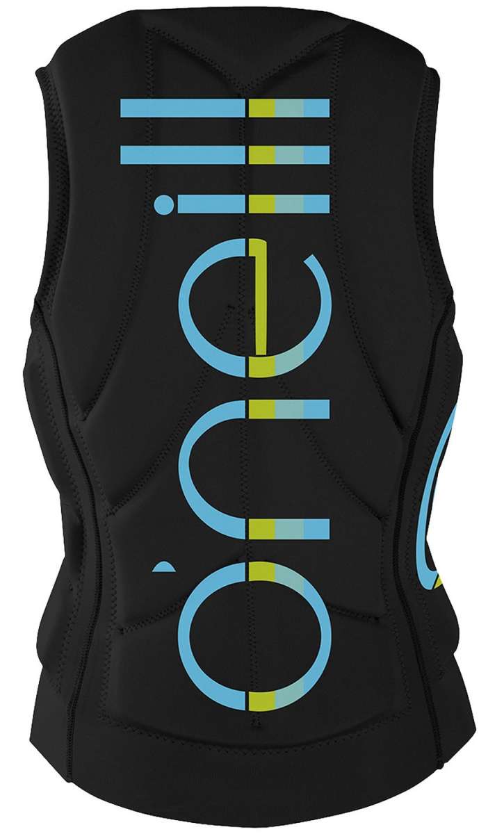 O'Neill Ladies Slasher Impact Wakeboard Vest 2022 - A black vest with a light blue and yellow logo on the front.
