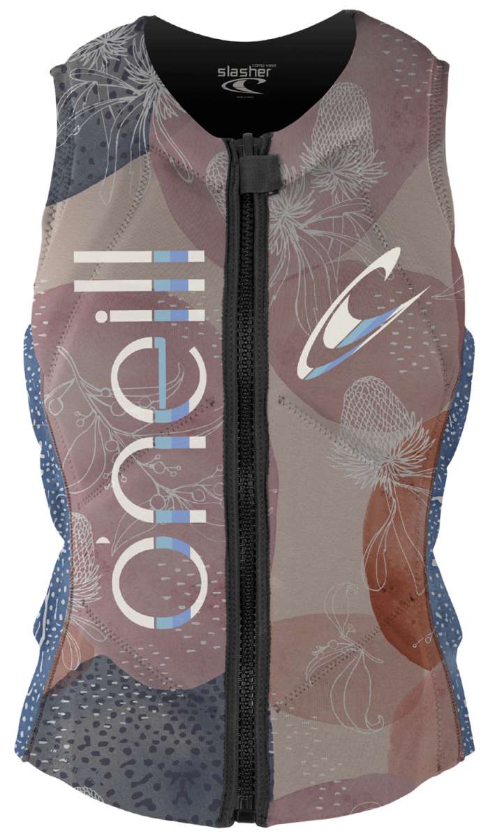 O'Neill Ladies Slasher Impact Wakeboard Vest 2022 - A sleeveless vest with a floral pattern in shades of pink and blue, featuring white accents on the front.