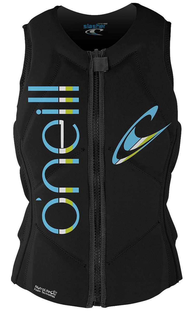 O'Neill Ladies Slasher Impact Wakeboard Vest 2022 - A black vest with a blue and green logo on the left side.