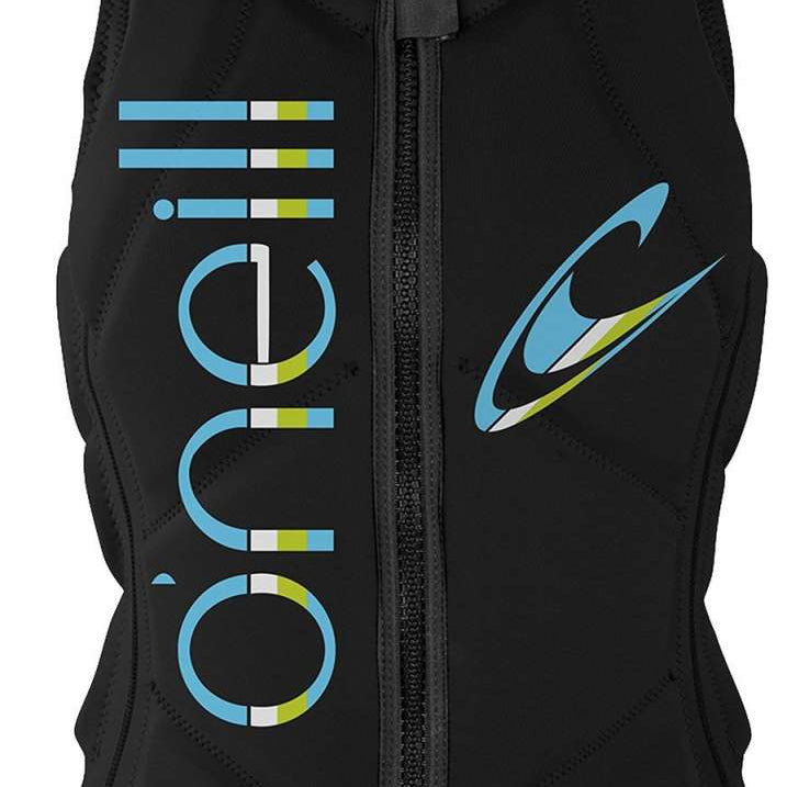 O'Neill Ladies Slasher Impact Wakeboard Vest 2022 - A black vest with a blue and green logo on the left side.