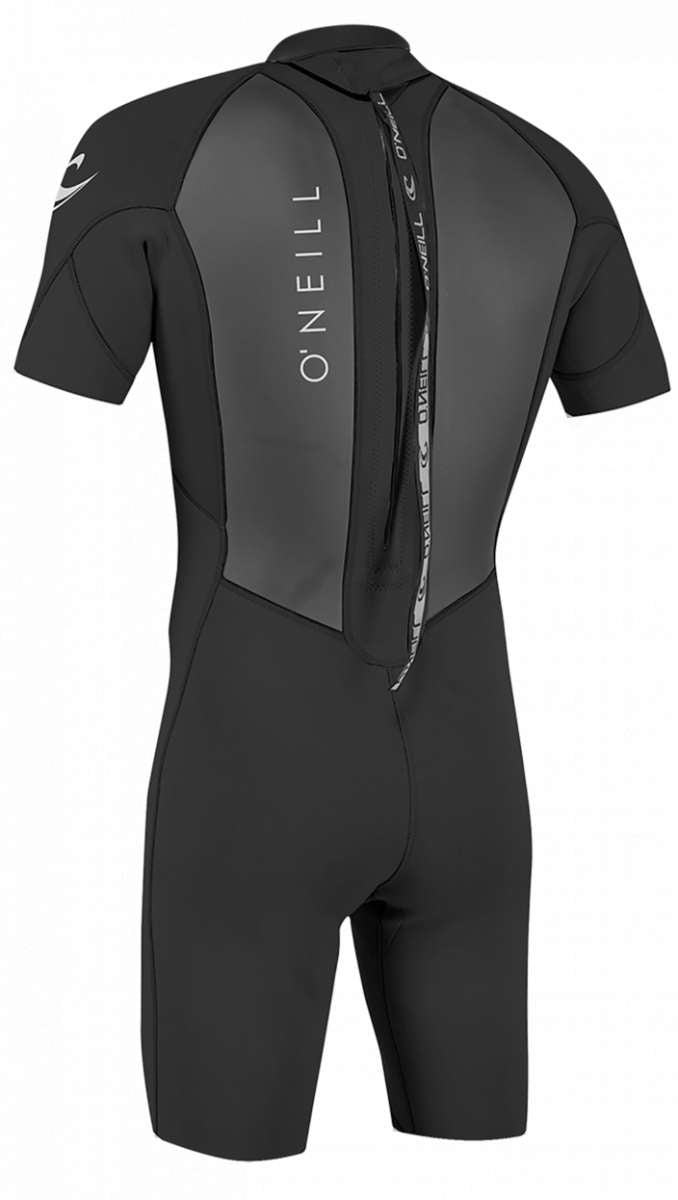 O'Neill - Reactor 2.2mm short sleeve wet suit, black with white logo on left shoulder and right thigh.