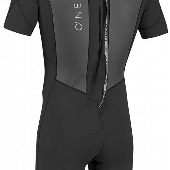 O'Neill - Reactor 2.2mm short sleeve wet suit, black with white logo on left shoulder and right thigh.