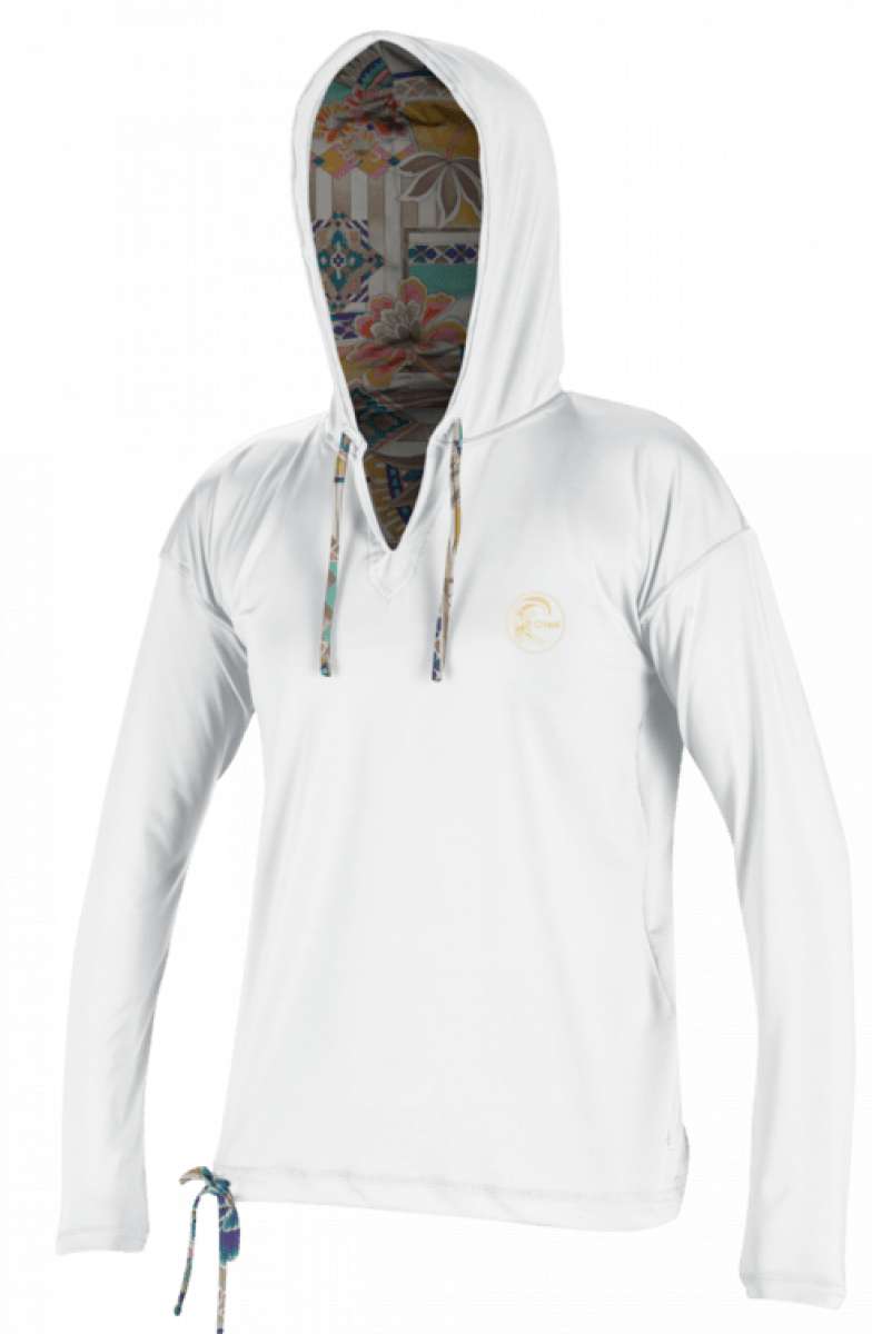 O'Neill Ladies Side Print Long Sleeve Hoodie 2022-2023 - A white hoodie with a side print design and long sleeves, featuring a hood with drawstrings.