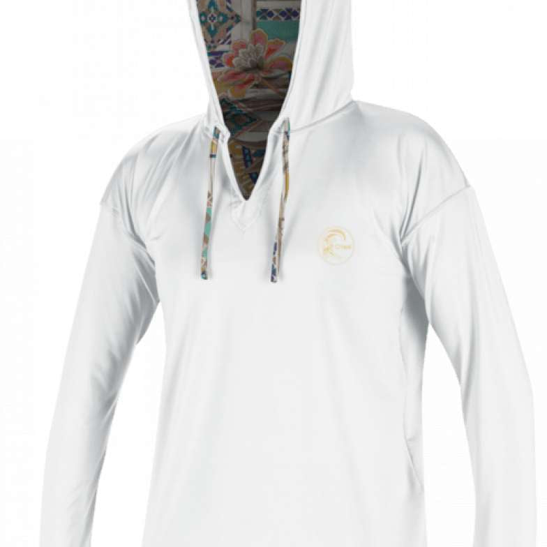O'Neill Ladies Side Print Long Sleeve Hoodie 2022-2023 - A white hoodie with a side print design and long sleeves, featuring a hood with drawstrings.