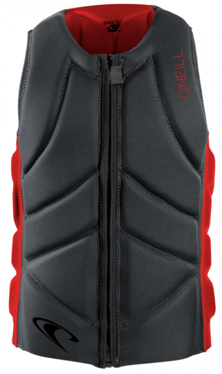 O'Neill Slasher Impact Vest 2022-2023 - A black and red impact vest with a zipper down the front.