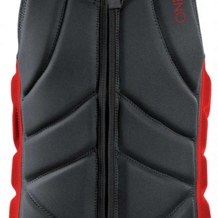 O'Neill Slasher Impact Vest 2022-2023 - A black and red impact vest with a zipper down the front.