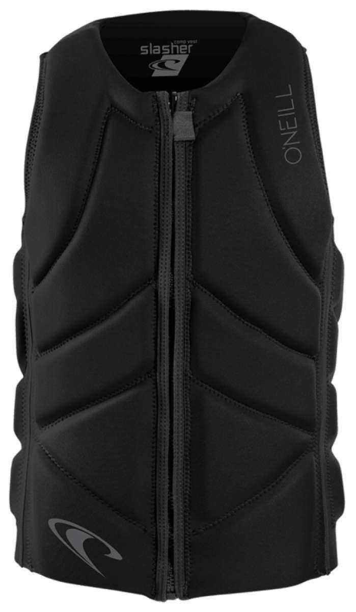 O'Neill Slasher Impact Vest 2022-2023 - Black vest with white logo on chest and back, featuring a diagonal stripe pattern across the torso.