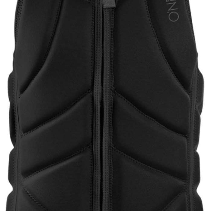 O'Neill Slasher Impact Vest 2022-2023 - Black vest with white logo on chest and back, featuring a diagonal stripe pattern across the torso.