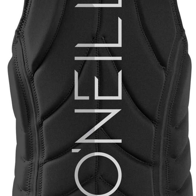 O'Neill Slasher Impact Vest 2022 - Black vest with white logo on chest and back, featuring a geometric pattern of lines and shapes.