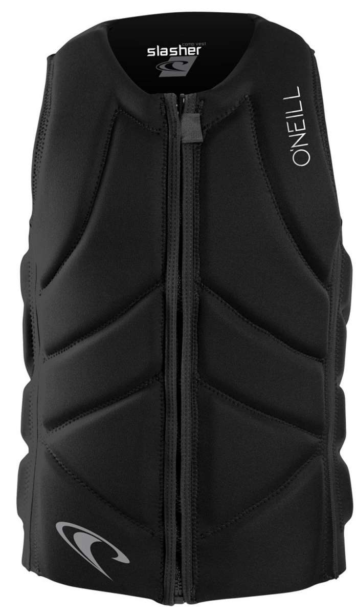 O'Neill Slasher Impact Vest 2022 - Black vest with white logo on chest and back, featuring a textured pattern of diagonal lines.