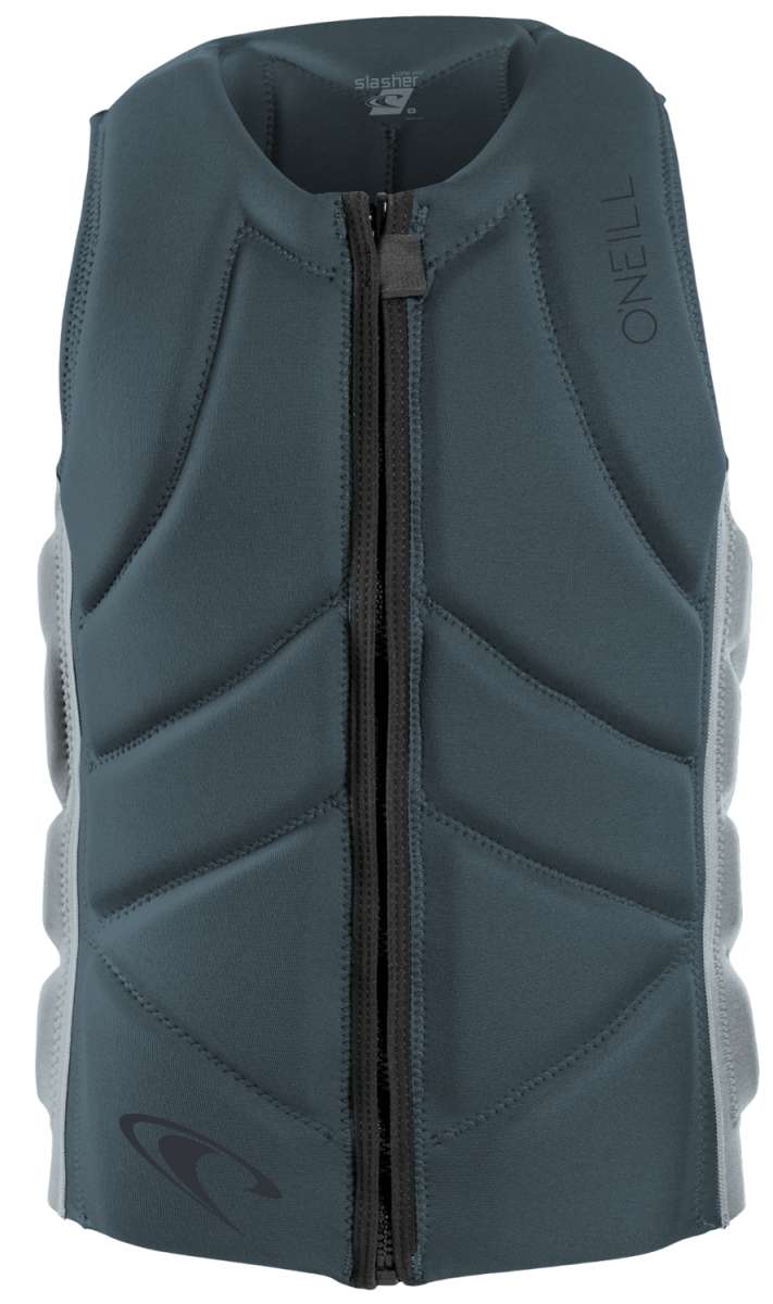 O'Neill Slasher Impact Vest 2022 - A dark gray vest with a black zipper down the front and white accents on the sides.
