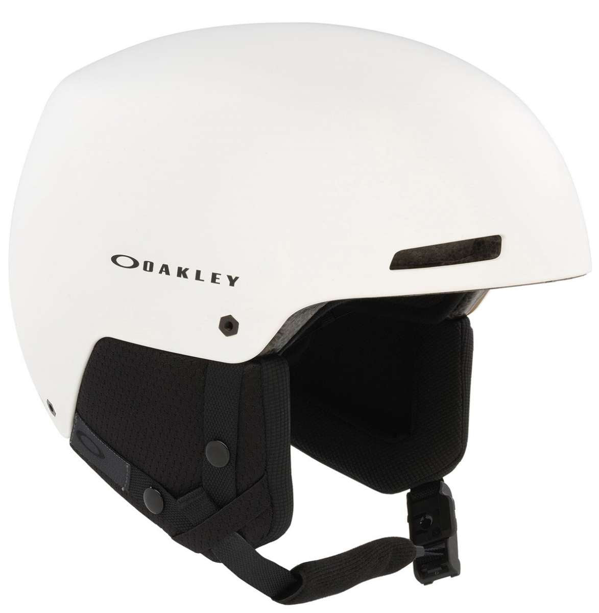 Oakley MOD1 Pro Helmet 2024 - A white helmet with a black visor and chin strap, featuring an Oakley logo on the side.