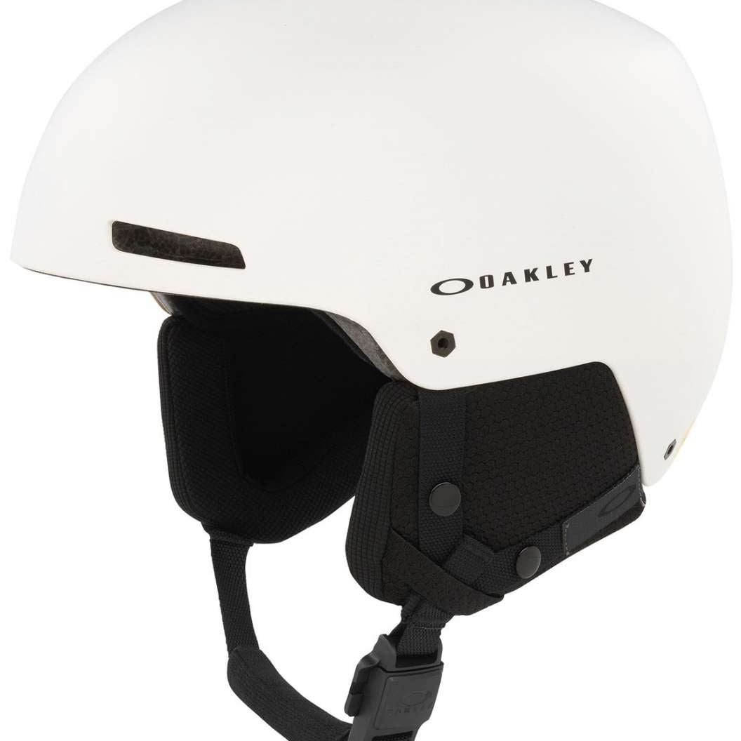 Oakley MOD1 Pro Helmet 2024 - White helmet with black straps and buckle.