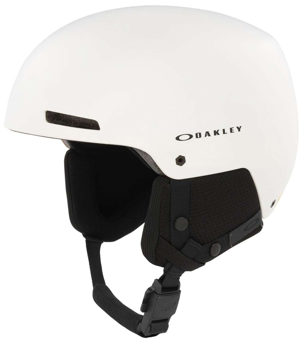 Oakley MOD1 Pro Helmet 2024 - White helmet with black straps and buckle.