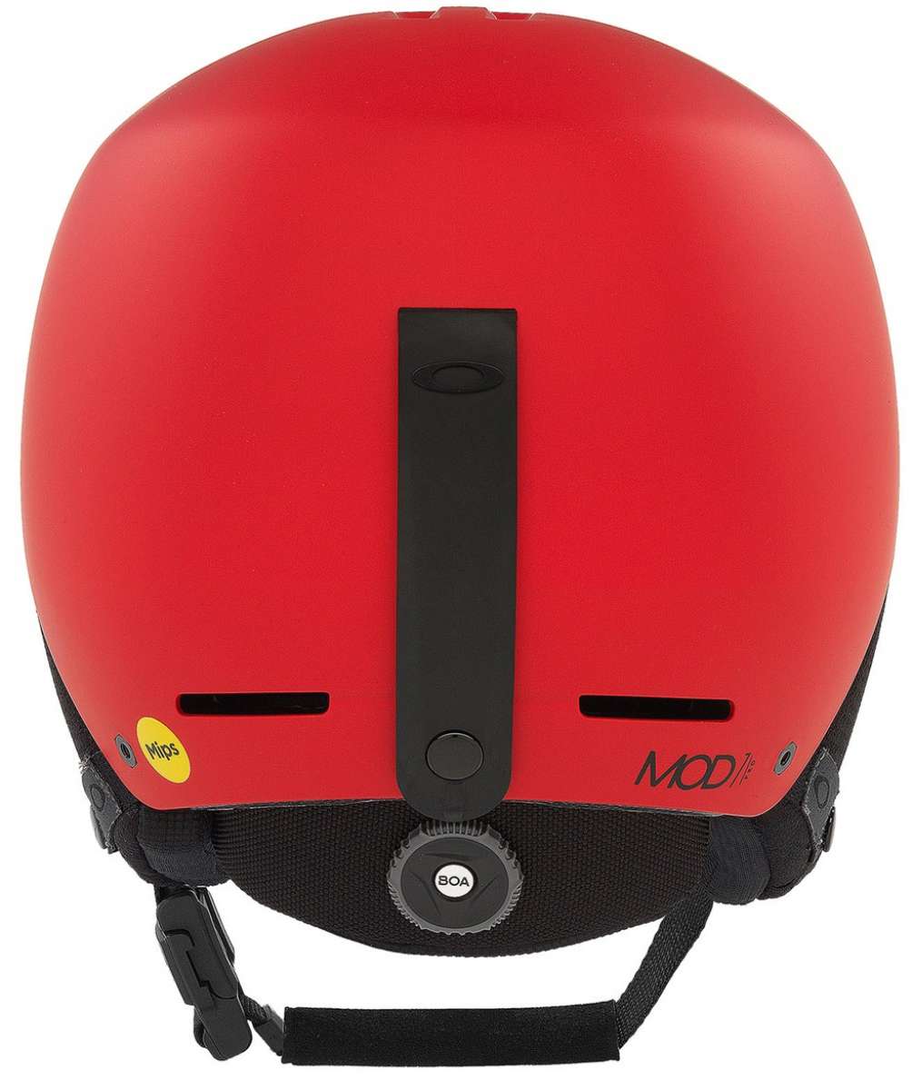 Oakley MOD1 Pro Helmet 2024 - Red helmet with black straps and buckle, featuring a white Oakley logo on the front.