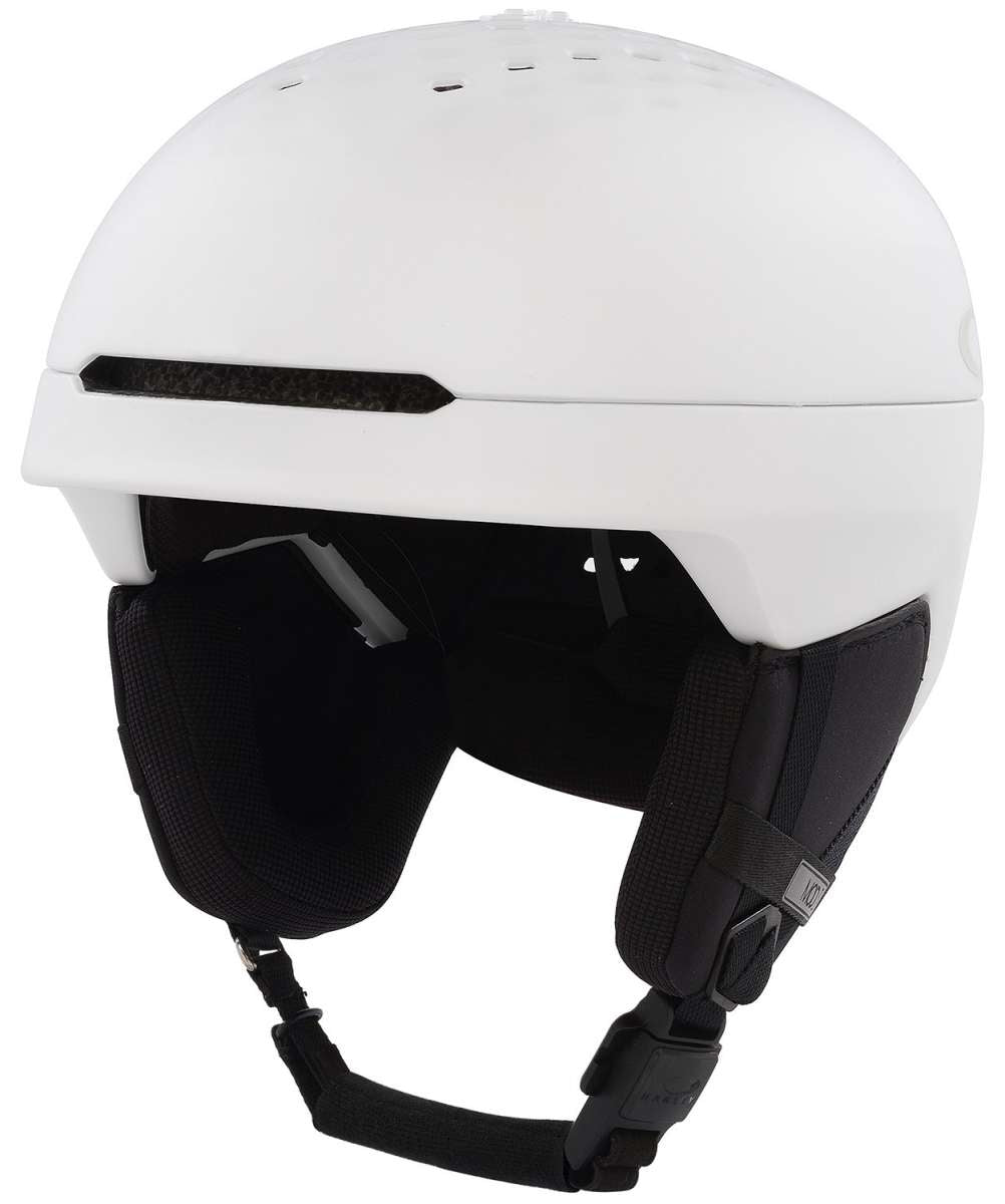Oakley MOD3 Helmet 2024 - White helmet with black visor and chin strap, featuring a sleek design with ventilation holes on top.