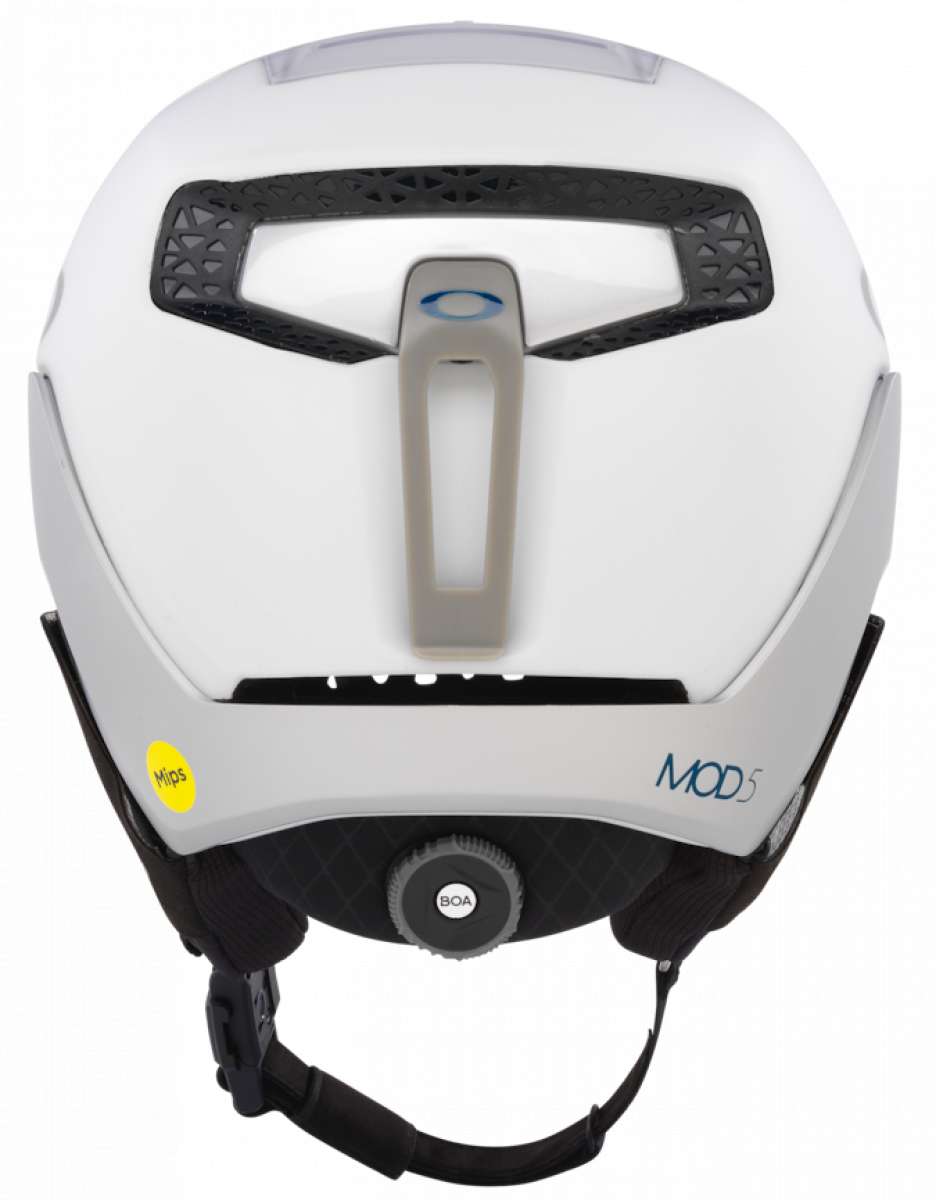 Oakley Mod 5 Helmet 2022-2023 - White helmet with blue logo on top and gray chin strap.