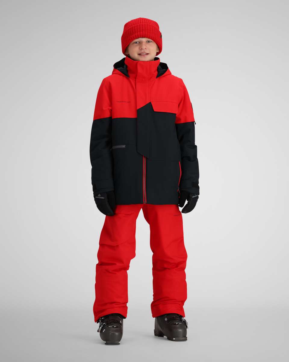 Obermeyer Juniors Axel Insulated Jacket 2024 - A red and black insulated jacket with a high collar, zippered pockets, and a zip front.