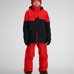 Obermeyer Juniors Axel Insulated Jacket 2024 - A red and black insulated jacket with a high collar, zippered pockets, and a zip front.