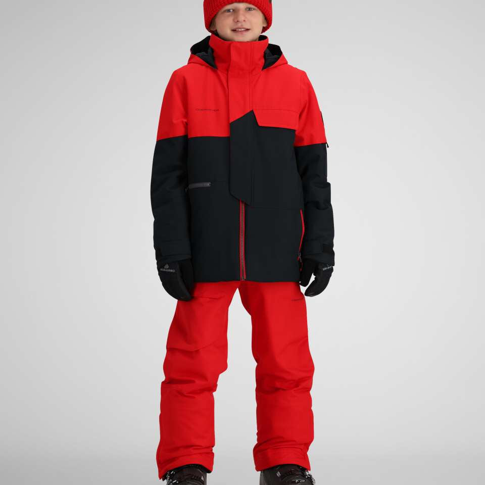 Obermeyer Juniors Axel Insulated Jacket 2024 - A red and black insulated jacket with a high collar, zippered pockets, and a zip front.